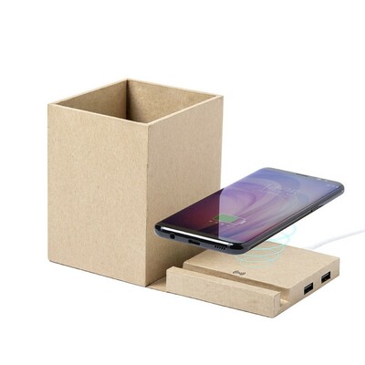 Chargeur sans fil 5W pliable en carton recyclé, hub USB 2.0, porte-outil d'écriture, support de téléphone
